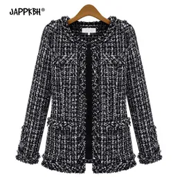 Höst Winter Coat Women 2020 Plus Storlek Elegant Långärmad Plaid Jackor Kvinnlig Vintage Oversize Tassel Tweed Wool Blandningar Svart