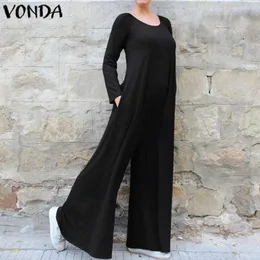 Calças de pernas largas Mulheres Bohemian Playsuits Sólidos Vonda Manga Longa Plus Size Overstall Casual Macacões Soltos Jumpsuits Womens S-5XL T200107