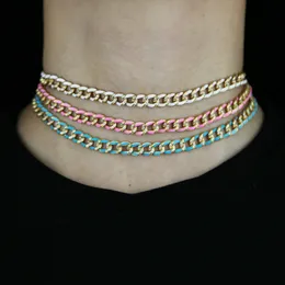 2021 Nya Färgglada Kvinnor Tjej Smycken Guldmetall Vit CZ 7mm Bredd Neon Emalj Cuban Chain Choker Halsband Bulk