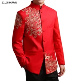 Chinese Style Wedding Jacket Men Embroidery Patterns Tang Tunic Suit Jacket Mandarin Stand Collar Red / White 201106