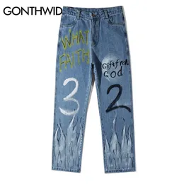 GONTHWID Graffiti Fuoco Fiamma Stampa Casual Jeans larghi Denim Hip Hop Pantaloni a vita bassa Streetwear Pantaloni Moda uomo Punk Rock Pantaloni maschili 201111