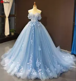 NEW! Light Sky Blue Beaded Quinceanera Dresses Off The Shoulder Lace Appliqued Prom Dress Tulle Lace Up Back princess Evening Gowns