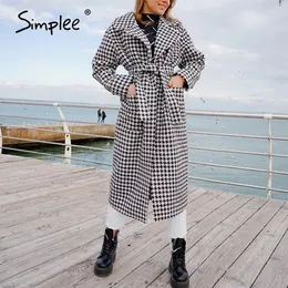 Simplee Fashion Plaid Wool Coat 여성 겨울 롱 코트가있는 겨울 houndstooth 벨트 가을 따뜻한 두꺼운 트위드 오버코트 여성 201006