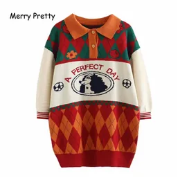 Merry Pretty Autumn Winter Knitted Sweater Half Sleeve Turn Down Collar Dog Print Patchwork Sweaters Femme Funny Pullovers T200113