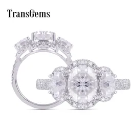 TransGems 10K oro bianco tre pietre 3ct 8*10mm taglio ovale GH colore Moissanite anello di fidanzamento per le donne regali di anniversario Y200620