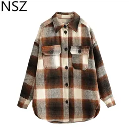 Nsz mulheres xadrez de lã blusa manga comprida verificada camisa de lã grandes grandes vire para baixo gola grossa senhoras vintage chique top blusa