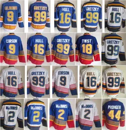 Men Vintage Hockey Retro 9 Doug Gilmour Jerseys 18 Tony Twist 16 Brett Hull 99 Wayne Gretzky 2 Al Macinnis 44 Chris Pronger 7 Joe Mullen Stitched Blue White LanDiao