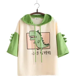 Kvinnor Dinosaur Sweatshirts With Horns Sweet Style Short Sleeve Bomull Hoodies Tjejer Green Hoodie Print Hooded Harajuku Pullovers LJ200808