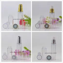 Flacone airless in plastica trasparente da 10 ml con coperchio della pompa oro/argento per lozione/emulsione/siero/essenza per gli occhi/tonico per la cura della pelle