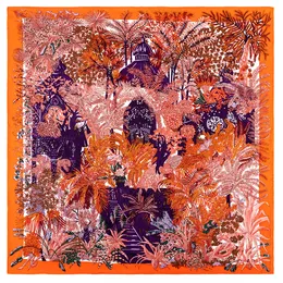 Nowy 90 cm * 90cm Manual Ręcznie Ręcznie Walcowane Twill Silk Scarf Kobiety Jungle Castle Printing Square Scarves Fulards Femme Wrap Bandana Hidżab