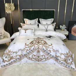 Luxury Gold Embroidery 60S Satin Silk Cotton Bedding Set Double Duvet Cover Set Bed Linen Fitted Sheet Pillowcases Home Textile 201021