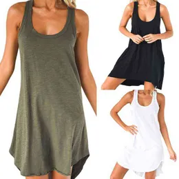 Women Sleeveless Loose Casual Solid Dress Summer Swing Mini Sundress Shirtdress Y220304