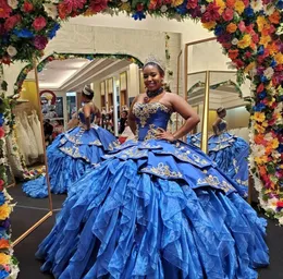 Royal Blue Quinceanera Kleider Spitze Applikze trägerloser süßes Kleid Satin Organza Vestido de 15 Anos Ball Promkleider