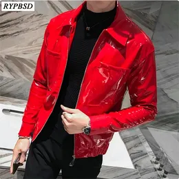 Röd PU Faux Läder Ytterkläder Mode Casual Långärmad Slå ner Krage Zipper Biker Jacket Män Black M-3XL C1103