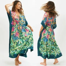 2021 Green Bohemian Printed Bats Sleeve High Waist Summer Beach Dress Cotton Tunic Women Beachwear Kaftan Maxi Dresses Q1087 F0122