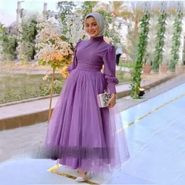 紫色のチュール・イスラム教徒のイブニングドレス2022長袖ハイネックアラビアドバイ・ウエディング・ドレスイスラムの女性パーティーガウン・ローブ・デ・スイレ