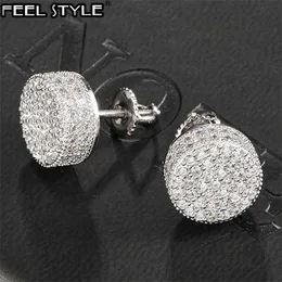 Hip HOP 1Pair Micro Full Paved Round Zircon CZ Stone Bling Iced Out Stud Earring Copper Earrings For Men Jewelry 220125