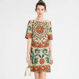 Women's Runway Dress O Neck Short Sleeves Beaded Printed Fashion High Street Pencil Dresses Vestidos