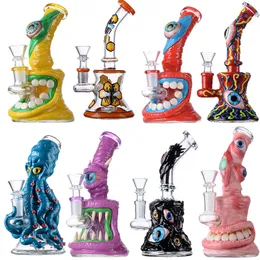 Narguilés de style Halloween Mini petites plates-formes pétrolières Dab Rigs Bécher en verre Uniqe Bongs Pommeau de douche Percolateur Oeil Artisanat Conduites d'eau 14mm Joint femelle avec bol