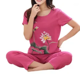 レディースサマープラスサイズパジャマセット中国の花柄プリント半袖トップスカプリパンツルーズスリーウェアLoungewear XL-4XL1