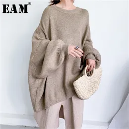 [EAM] Överdimensionerad grå sticktröja Löst fit rund hals långärmad kvinnor tröjor Ny mode Autumn Winter 1Y190 2010303030