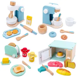 Kitchens Play Food Children's Wooden Simulation Kitchen Toy Set Play House Early Education Toy Bread Machine Coffee Machine Juicer Microwave Oven Lj201211