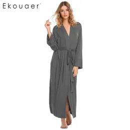 Ekoura Mulheres Robe Sleepwear Long Kimono Bathrobe Sólido Flare Longa Manga Soft Veste Com Cinto Mulher Namorada Banheiro Spa Robe 210203