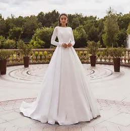 Eleganckie Satin Suknie Ślubne Z Długim Rękawem Koronkowe Aplikacje Bride Suknia Muzułmańska Suknia ślubna Zadłana Vestido de Novia 2021