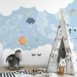 Пользовательские 3d настенные фрески Nordic ручная роспись минималистский мультфильм космические планеты детская комната обои фона стеновые стены обои