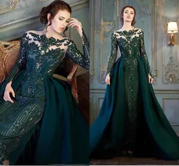 Hunter Modest Emerald Green Long Sleeve Prom Formal Dresses with Detachable Train Lace Beaded Mermaid Evening Wear Dress