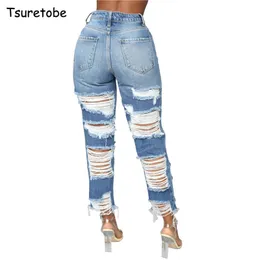 Tsuretobe Jeans strappati con foro casual Donna Pantaloni sexy in denim a vita alta Pantaloni retrò dritti Praight Pantaloni con nappe Tasche femminili LJ201030