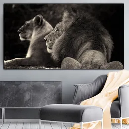 キャンバス絵を描く2つの黒いライオンの野生動物ポスターとプリントリビングルームのクアドロスの家の装飾のためのQuadro Wall Art Picture