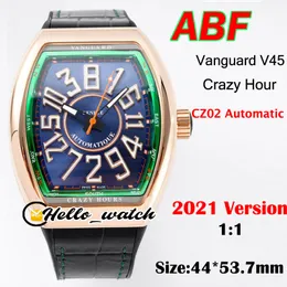 ABF Ny Crazy Hour Vanguard V45 3D Blue Dial CZ02 Automatisk Mens Klocka Rose Gold Case Läder / Gummi Grön Inner Sport Klockor Hello_Watch