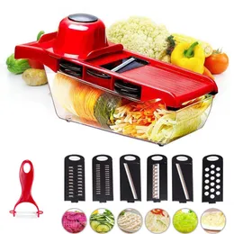 Vegetabilisk frukt SHICER Cutter Chopper Grater 6 Utbytbara rostfritt stålblad Peeler Storage Container Köksredskap 201123