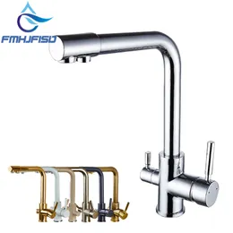 Kitchen Faucet Chrome Dual Spout Drinking Water Filter Brass Purifier Vessel Sink Mixer Tap Hot and Cold Water Torneira T200710