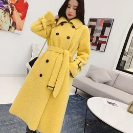 LAMB WOOL COAT Mid-Length Multicolor Lapel Real Fur Coat Ladies Vinterull 2021 Överdimensionerad Citron Gul Peach Redy261