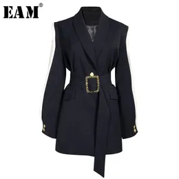 [Eam] 느슨한 맞는 검은 색 히트 컬러 벨트 재킷 새로운 옷깃 긴 소매 여성 코트 패션 조류 봄 가을 1A879 201026