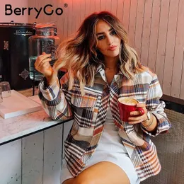 Berrygo Tek Göğüslü Kadınlar Ekose Ceket Ceket Uzun Kollu Streetwear Boy Bayanlar Ceket Rahat Sonbahar Dış Giyim Kadın Coat T200111