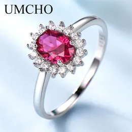 UMCHO Real 925 Sterling Silver Nano Red Gemstone Ruby Rings for Women Princess Diana Wedding Engagement Party Gift Fine Jewelry Y200321