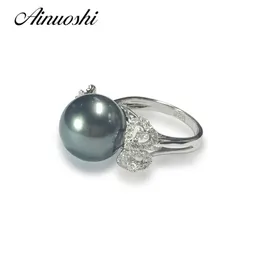 Ainuoshi 925 Sterling Silver Hear em forma de mulheres anel de casamento Tahitian pérolas 12mm redondo aniversário de pérolas anéis de amante anéis de jóias Y200106