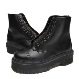 Heißer Verkauf-Schwarze kurze Winter-Damen-Stiefeletten mit runder Zehenpartie aus echtem Leder, Schnür-Reißverschluss, Plateau-Designer-Martin-Booties, Bottines Femmes