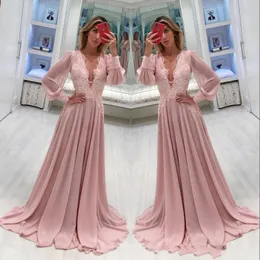 2021 Pink Chiffon A Line Formal Mother Of The Bride Dresses Deep V Neck Long Sleeves Lace Appliques Weddings Party Evening Prom Gowns AL7308