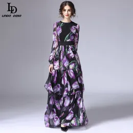 Ld Linda Della Spring New Fashion Runway Maxi Sukienka Damska Długi Rękaw Rocznika Wielkoprzewodnik Tulipan Kwiatowy Drukowana Długa Dress 201204