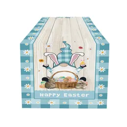 Easter Gnome Table Runner Cotton Linen Happy Easter Gnomes Rabbit Bunny Colorful Eggs Non-Slip Rectangle Table Runner