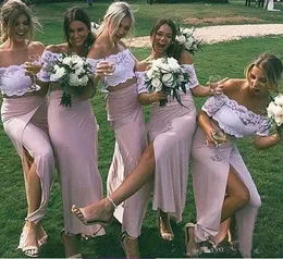 Modern Prom Dresses Cheap Two Pieces Dusty Chiffon Bridesmaid Dresses Lace Crop Side Split Country Maid Of Honor Gowns L38