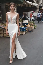 Sjöjungfru bröllopsklänningar 2021 spets sida split bröllopsklänningar spets oxless brud klänning vestido de noiva boho