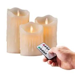 Set mit 3 flackernden, flammenlosen Säulen-LED-Kerzen, ferngesteuertem Timer, beweglichen, tanzenden, geschmolzenen Kanten, Hochzeit, Weihnachtsfeier, Bernstein, Y200109