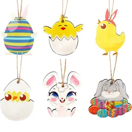 Easter Wooden Ornaments Chicken Bunny Shaped Wood Craft Hanging Pendant with Rope for Easter Party Decor