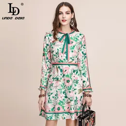 LD LINDA DELLA Herbst Fashion Runway Langarm Kleid Frauen Gürtel Kragen Mehrfarbige Blumen Druck Vintage Elegante Kleid 201204