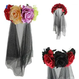 Juldekorationer Ladies Girl Day of the Dead Red Rose pannband huvudbonad blomma halloween hatt svart/röd girland elastisk fancy pannband1